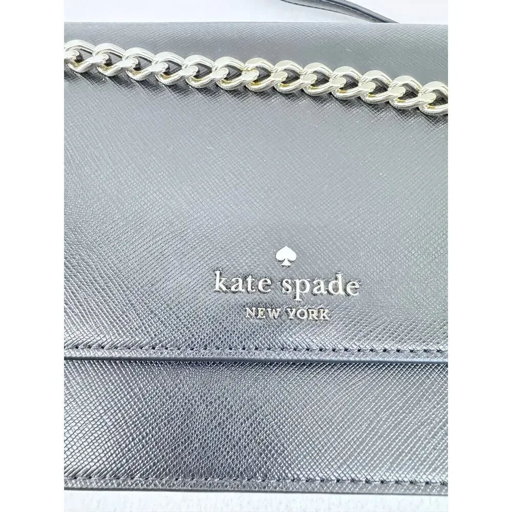 Kate Spade Madison Saffiano Leather Flap Crossbody Black  Strap Bag gold chain